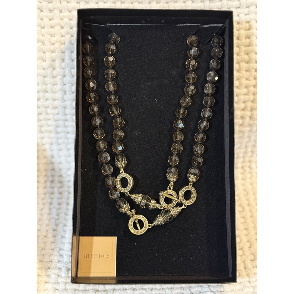 Heidi Daus Beaded Crystal Toggle Necklace Smoky Topaz Gold Tone NIB 491061